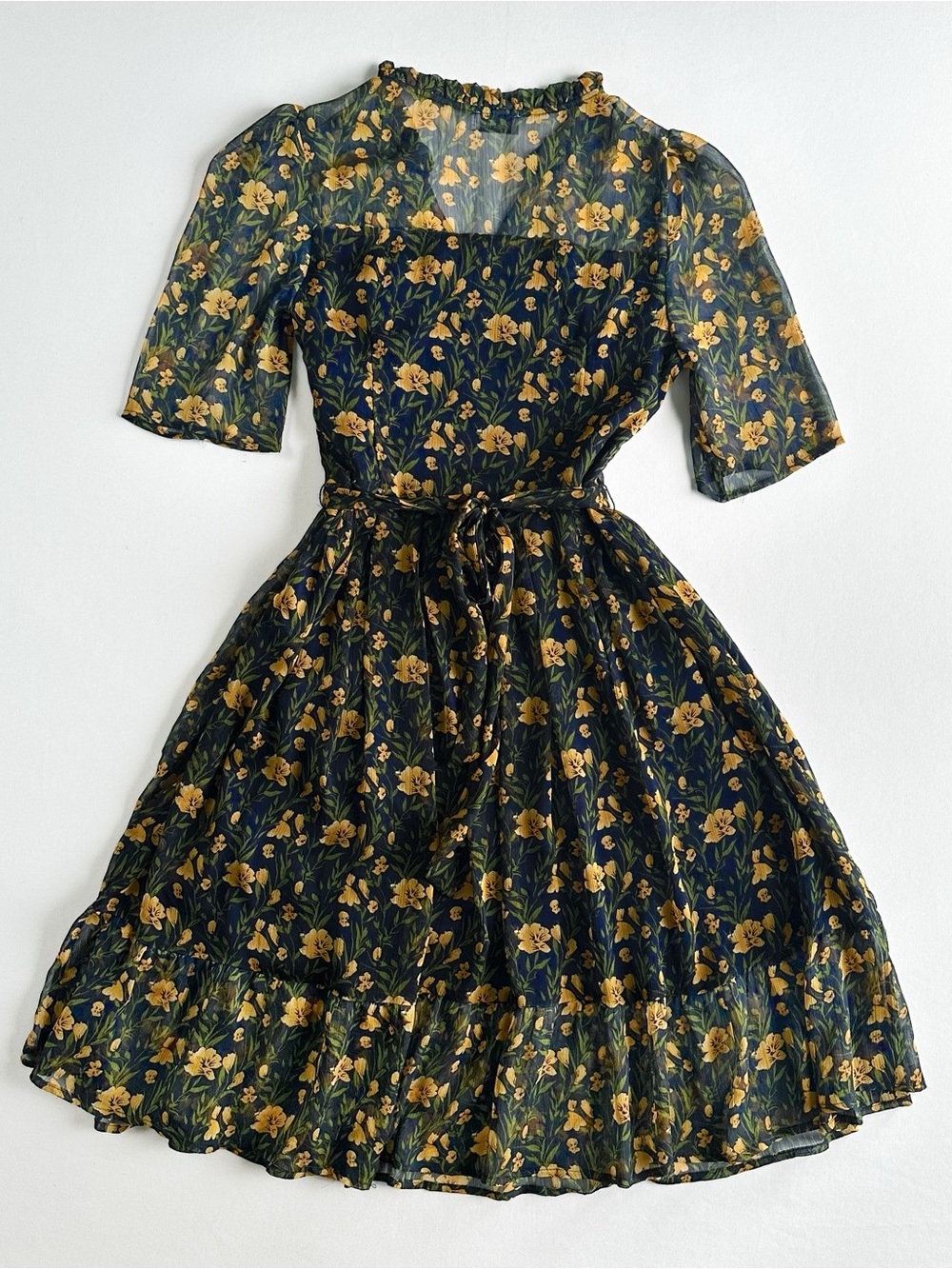 Whimsigoth Navy Mesh Midi Dress Puff Sleeve Ruffle Collar Yellow Green Floral